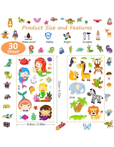 Set de 300+ Tatuajes Temporales para Niños Habett - Animales, Espacio, Dinosaurios