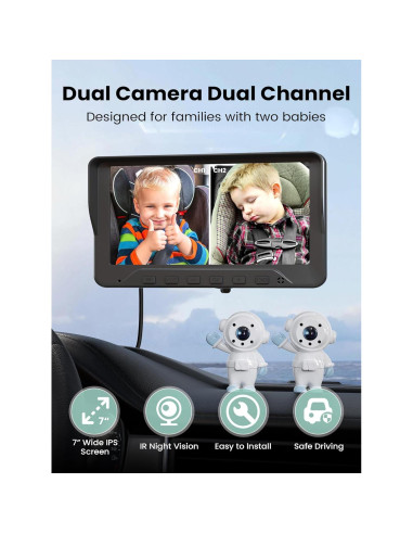 Cámara de Auto para Bebés GROWNSY 7" HD con 2 Cámaras y Visión Nocturna