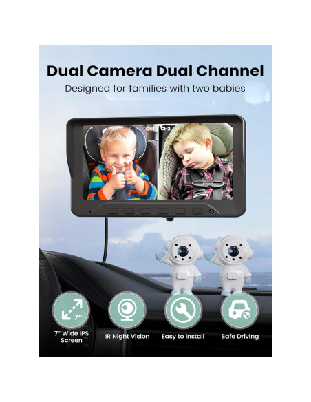 Cámara de Auto para Bebés GROWNSY 7" HD con 2 Cámaras y Visión Nocturna