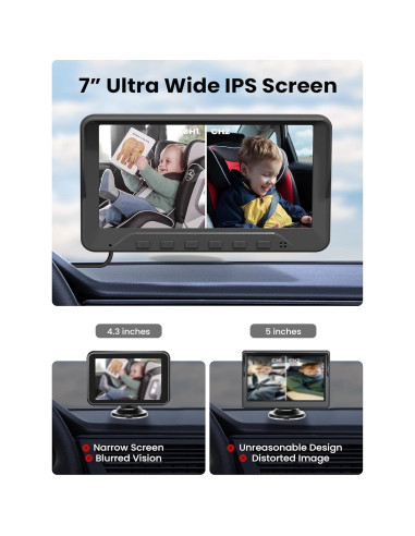 Cámara de Auto para Bebés GROWNSY 7" HD con 2 Cámaras y Visión Nocturna