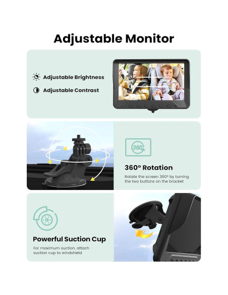 Cámara de Auto para Bebés GROWNSY 7" HD con 2 Cámaras y Visión Nocturna