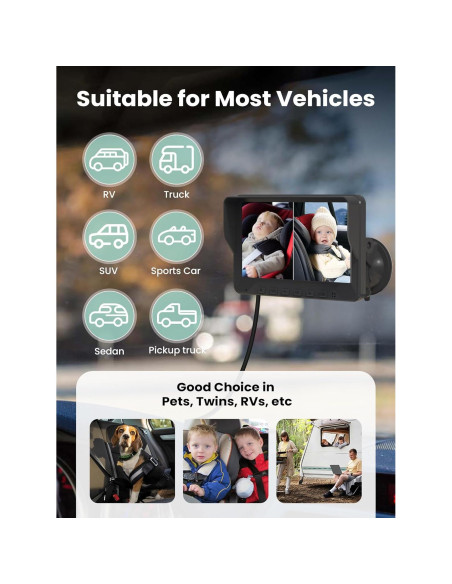 Cámara de Auto para Bebés GROWNSY 7" HD con 2 Cámaras y Visión Nocturna
