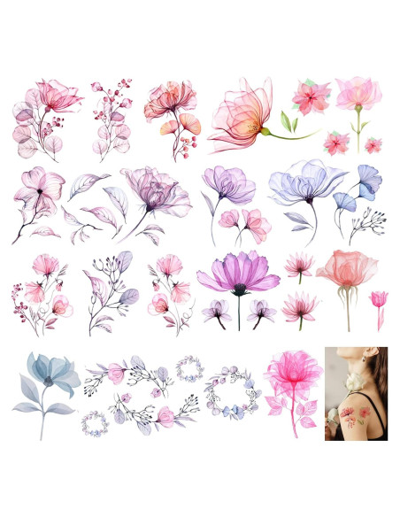 Tatuajes Temporales de Flores Casciybo - 10 Hojas Acuareladas