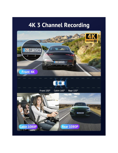 Cámara Dash Hugolog S7 3 Canales 4K+1080P, WiFi 5G, GPS