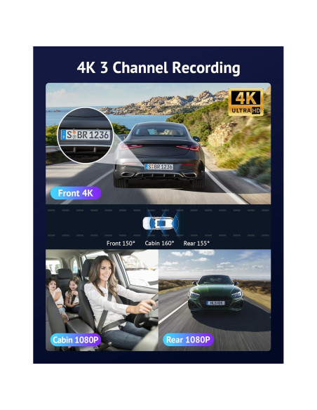 Cámara Dash Hugolog S7 3 Canales 4K+1080P, WiFi 5G, GPS