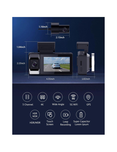 Cámara Dash Hugolog S7 3 Canales 4K+1080P, WiFi 5G, GPS