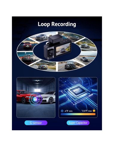 Cámara Dash Hugolog S7 3 Canales 4K+1080P, WiFi 5G, GPS