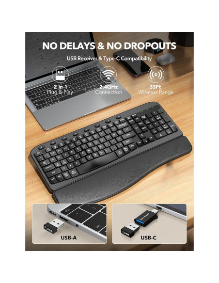 Teclado Inalámbrico SABLUTE KG812A Ergonómico con Reposamuñecas