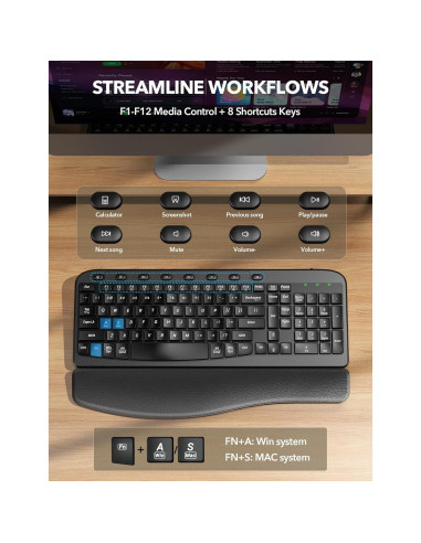 Teclado Inalámbrico SABLUTE KG812A Ergonómico con Reposamuñecas