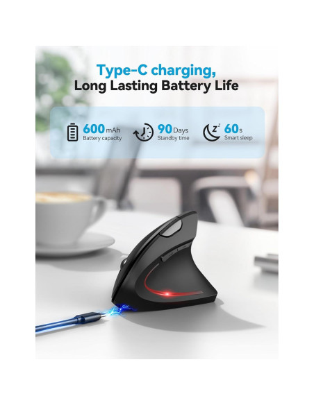 Ratón Ergonómico TECKNET Recargable Inalámbrico 6 DPI Negro