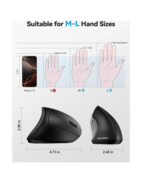 Ratón Ergonómico TECKNET Recargable Inalámbrico 6 DPI Negro