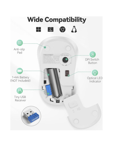 Ratón Inalámbrico TECKNET Blanco, Silencioso, 5 Niveles DPI