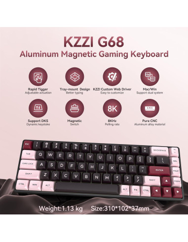 Teclado Mecánico Gaming KZZI G68 RGB Compacto 60% PBT Rosa