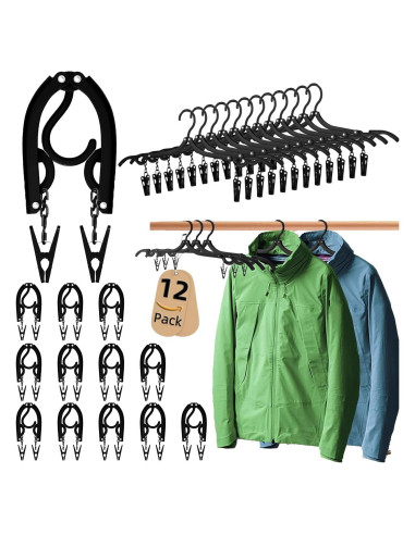 12 Perchas de Viaje Pansyling Negras Plegables con Clips