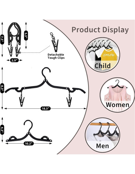 12 Perchas de Viaje Pansyling Negras Plegables con Clips