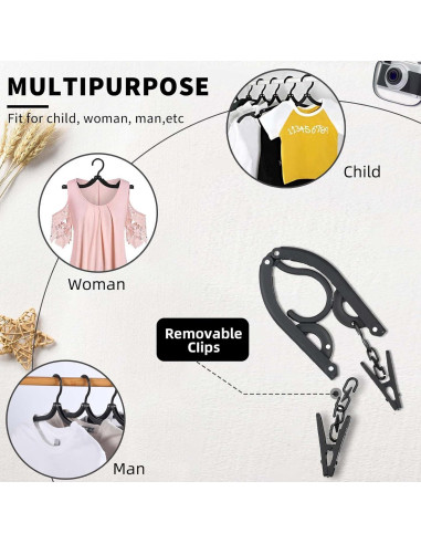 12 Perchas de Viaje Pansyling Negras Plegables con Clips