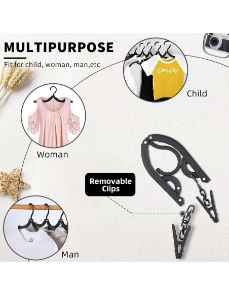 12 Perchas de Viaje Pansyling Negras Plegables con Clips