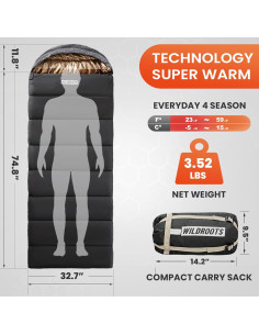 Saco de dormir WILDROOTS para clima frío, 1.6 kg, gris 2