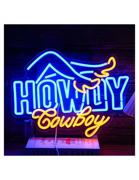 Cartel de Neón Howdy Cowboy LED 42x32 cm Azul Amarillo Cartel de Neón Howdy Cowboy LED 42x32 cm Azul Amarillo