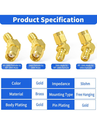 Kit Adaptador SMA a RP-SMA 45 Grados Wlaniot - 4 Piezas
