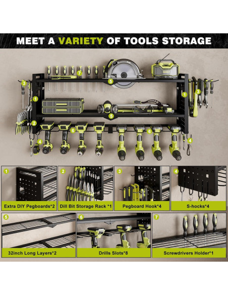 Organizador de Herramientas Montado en Pared NattyDot 3 Estantes Negro