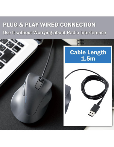 Ratón USB Ergonómico Elecom M-XGM30UBSKBK, Clic Silencioso, 2000DPI