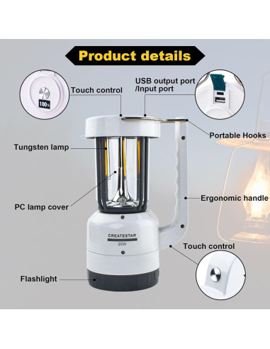 Linterna de Camping Recargable CREATESTAR 4000mAh 20W 4 Modos