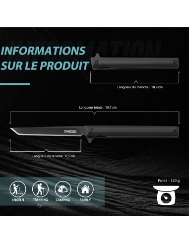 Cuchillo Plegable Omesio Slim EDC Negro con Clip y Funda