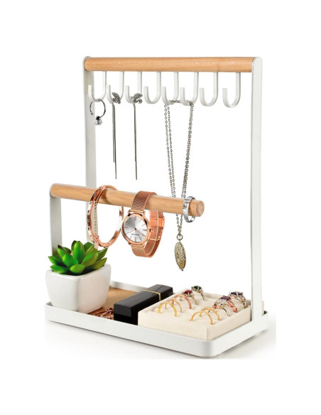 Organizador de Joyería PAMANO Blanco con Soporte y 8 Ganchos