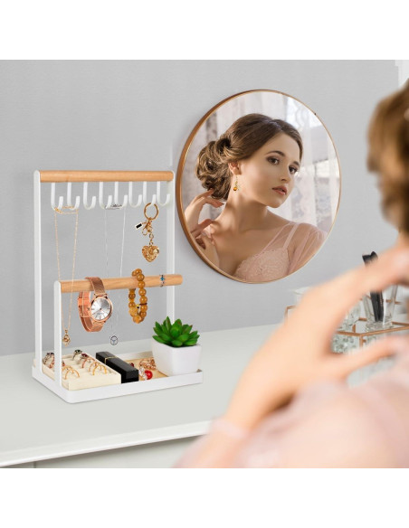 Organizador de Joyería PAMANO Blanco con Soporte y 8 Ganchos