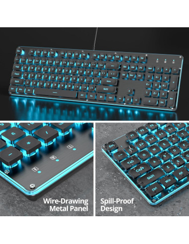 Teclado Inalámbrico Owpkeenthy 104 Negro Retroiluminado LED Azul