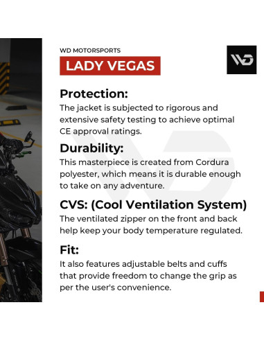 Chaqueta de motocicleta WD Vegas Lady para mujeres - Impermeable, Ajuste Slim, CE