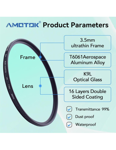 Filtro UV Ultra Delgado AMOTOK 46mm Vidrio Óptico 16 Capas