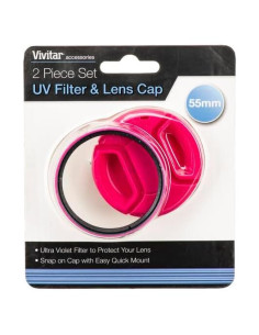 Filtro UV Vivitar 55mm con tapa de lente a presión rosa