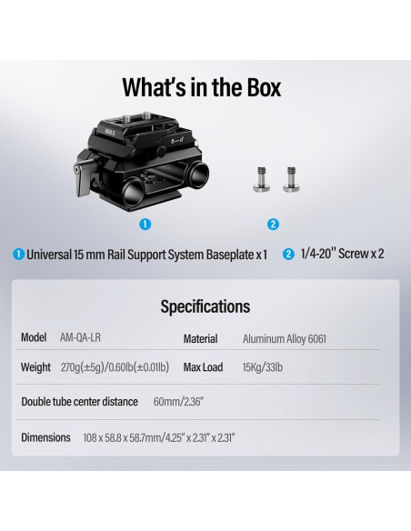 Base de Cámara SIRUI AM-QA-LR con Riel de 15mm y Placa QR Base de Cámara SIRUI AM-QA-LR con Riel de 15mm y Placa QR