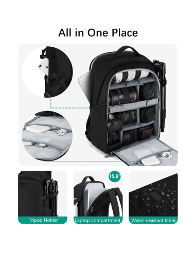 Mochila para Cámara BAGSMART Negra 30L para DSLR y Laptop 15.6"