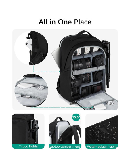 Mochila para Cámara BAGSMART Negra 30L para DSLR y Laptop 15.6"