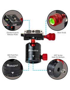 Cabezal de Bola de Trípode ANNSM 24mm con Rotación 360 y Placa QR 38mm 2