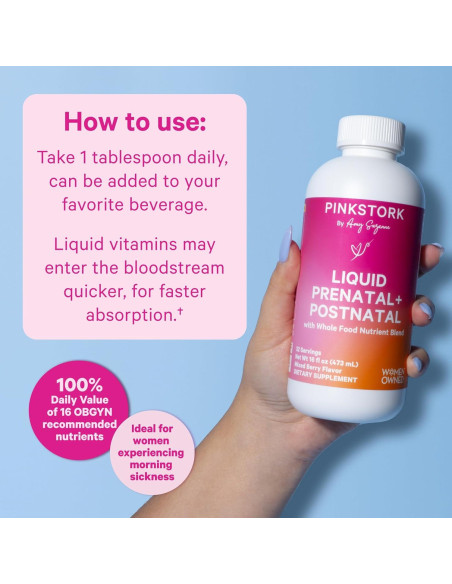 Vitaminas Prenatales Líquidas Pink Stork - Sabor Baya - 32 Porciones