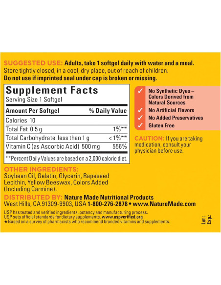 Nature Made Vitamina C 500 mg - 60 Gelatinas Blandas Sin Gluten