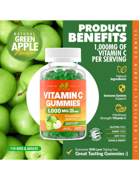 Gomitas de Vitamina C 1000mg Just Nutrients - Sabor Manzana Verde