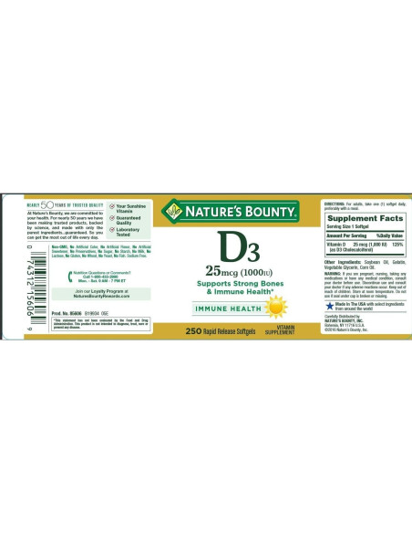 Suplemento Vitamina D3 Nature's Bounty 1000 UI 250 Cápsulas Suplemento Vitamina D3 Nature's Bounty 1000 UI 250 Cápsulas