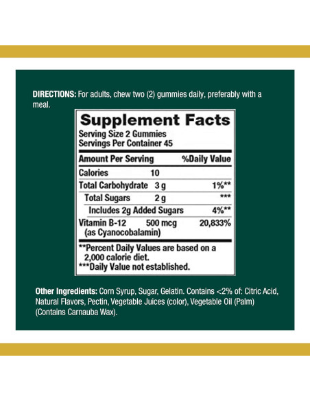 Suplemento Gummy de Vitamina B12 Nature's Bounty 500mcg 90 Unidades