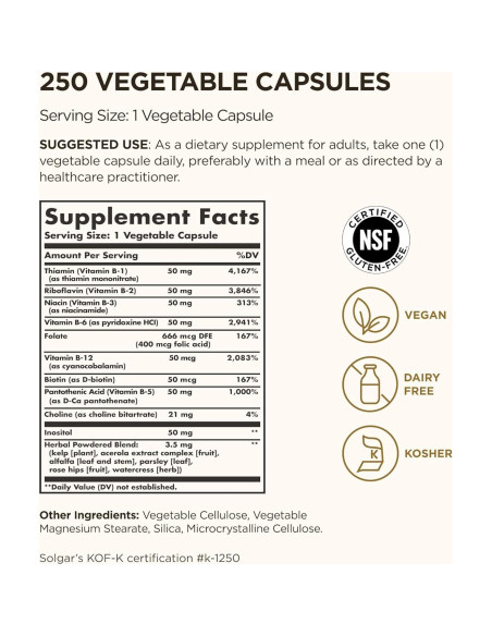 Solgar B-Complejo 50, 250 Cápsulas Vegetales - Energía y Salud