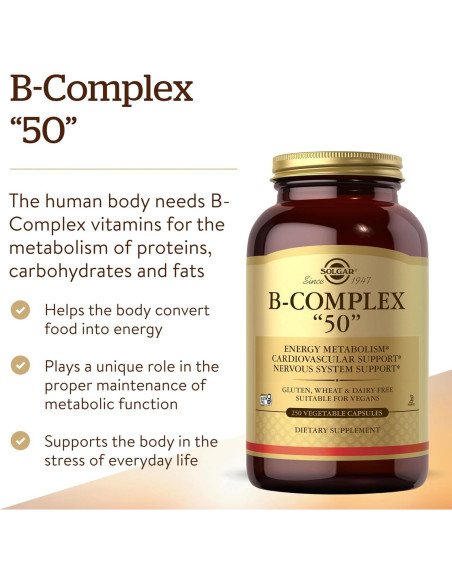 Solgar B-Complejo 50, 250 Cápsulas Vegetales - Energía y Salud
