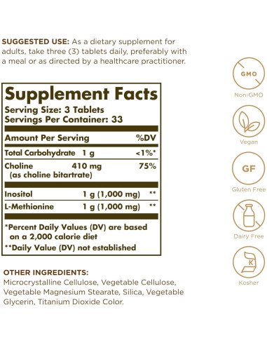 Factores Lipotrópicos Solgar - 100 Tabletas Veganas Sin OGM