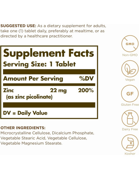 Suplemento de Zinc Picolinate Solgar 22 mg - 300 Tabletas