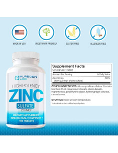 Tabletas de Sulfato de Zinc Puregen Labs 220 mg - 100 unidades 2