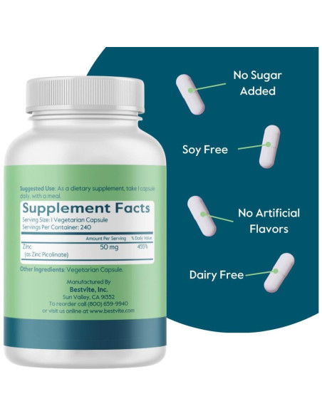 Suplemento de Zinc Picolinate 50mg Bestvite 240 Cápsulas Veganas