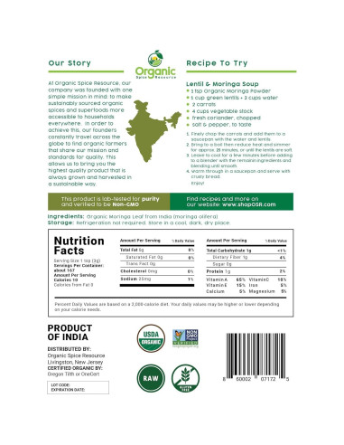 Polvo de Moringa Orgánico SHOPOSR 500g - Sin Aditivos, USDA